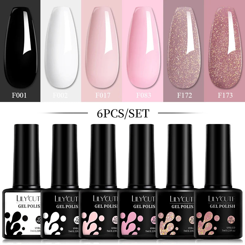 LILYCUTE 6Pcs 7ML Gel DIY Nails Polish Set Bright Pink Nail Charms Soak Off UV LED Gel Varnish Nail Art Design Accessories