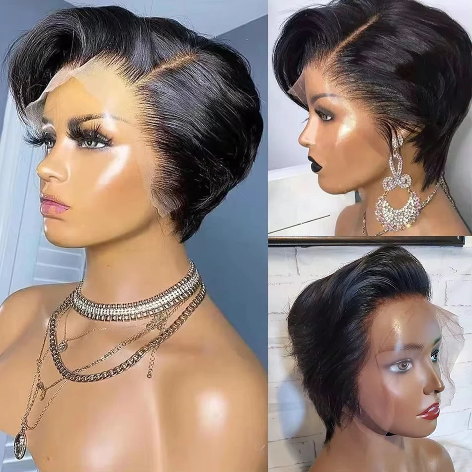 Pixie Cut Wigs For Black Women Human Hair 6 Inch Straight Bob Wigs T Part Lace 13x4 Side Part Transparent Short Lace Front Wigs