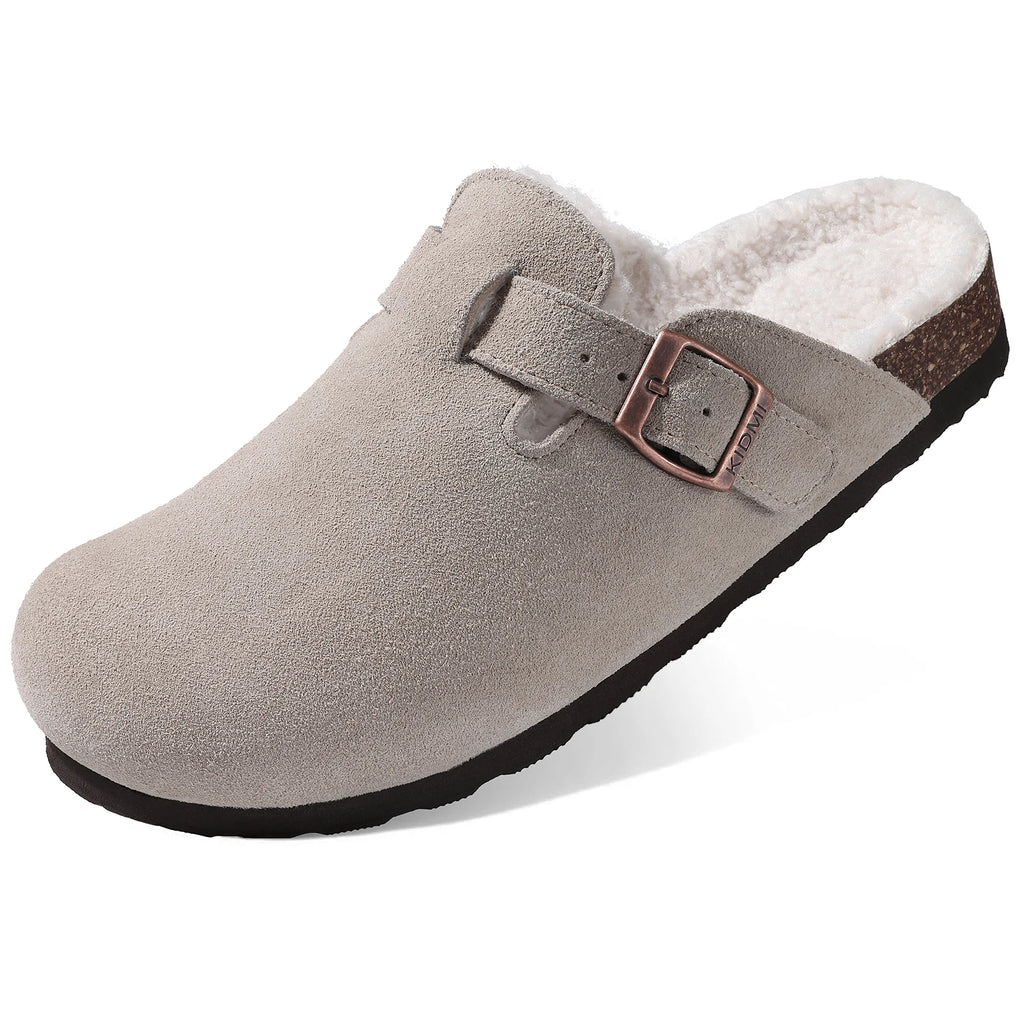 Kidmi Winter Suede Men Clogs Slippers Fashion Fuzzy Cork Clogs Shoes Casual Antiskid Fur Slippers With Arch Support Men Mules
