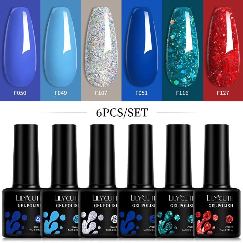 LILYCUTE 6Pcs 7ML Gel DIY Nails Polish Set Bright Pink Nail Charms Soak Off UV LED Gel Varnish Nail Art Design Accessories