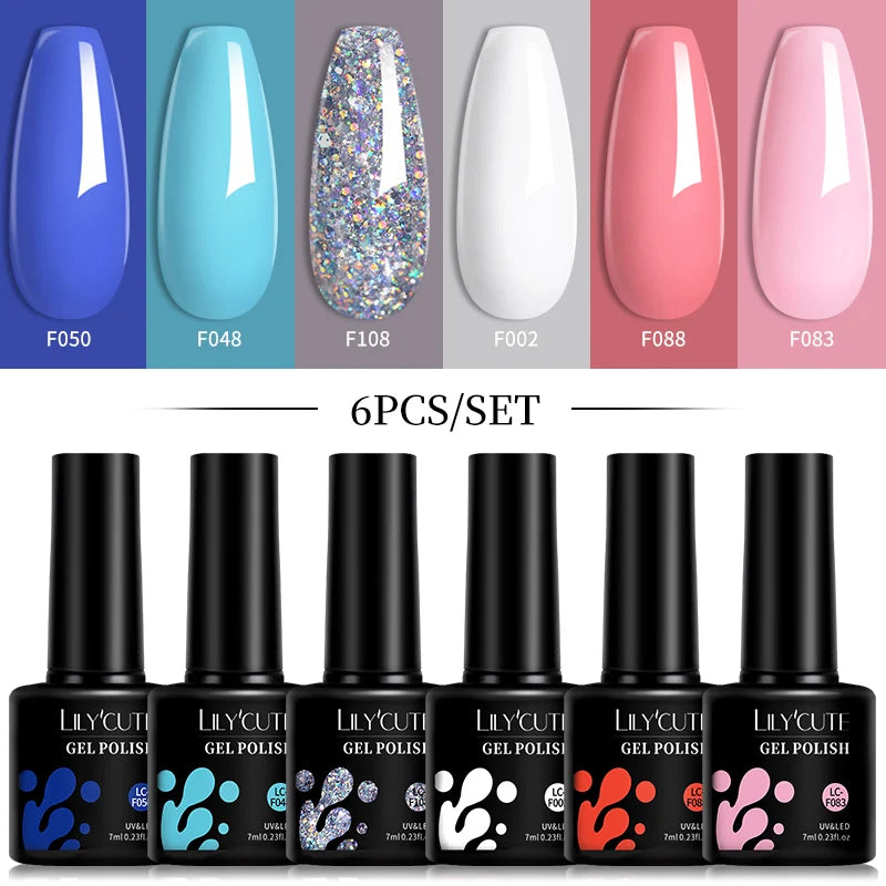 LILYCUTE 6Pcs 7ML Gel DIY Nails Polish Set Bright Pink Nail Charms Soak Off UV LED Gel Varnish Nail Art Design Accessories