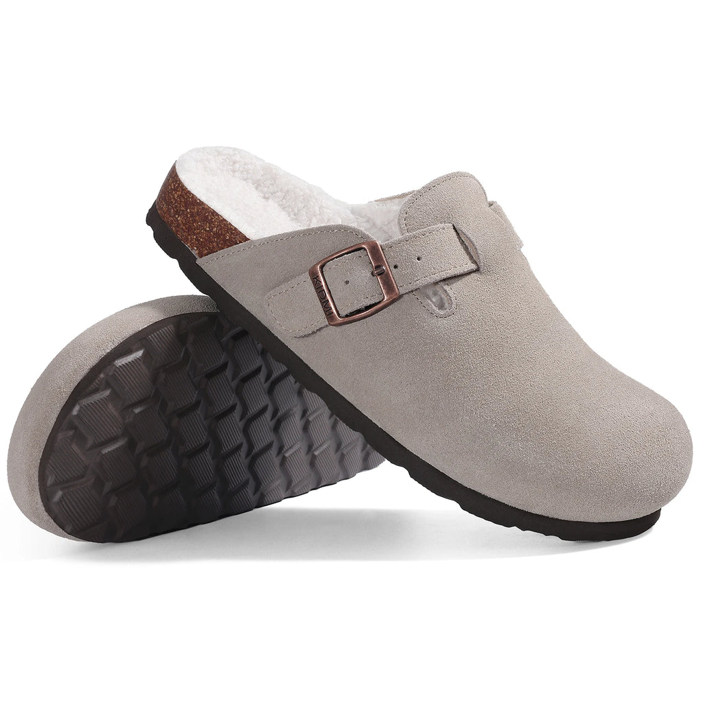 Kidmi Winter Suede Men Clogs Slippers Fashion Fuzzy Cork Clogs Shoes Casual Antiskid Fur Slippers With Arch Support Men Mules