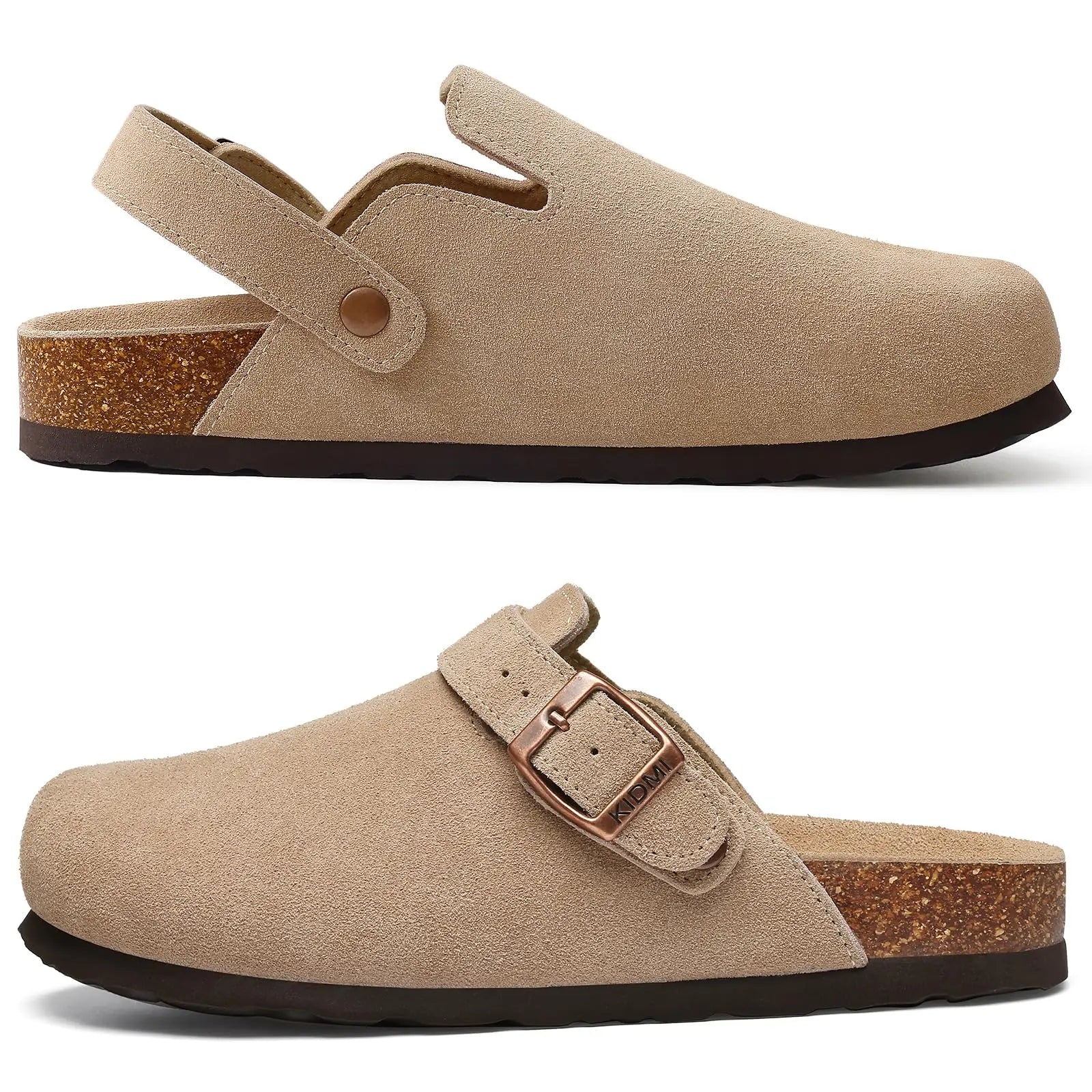 Crestar Women's Cow Suede Clogs Cork Footbed Leather Mules Slippers Unisex Comfortable Fashion Potato Shoes with Arch Support