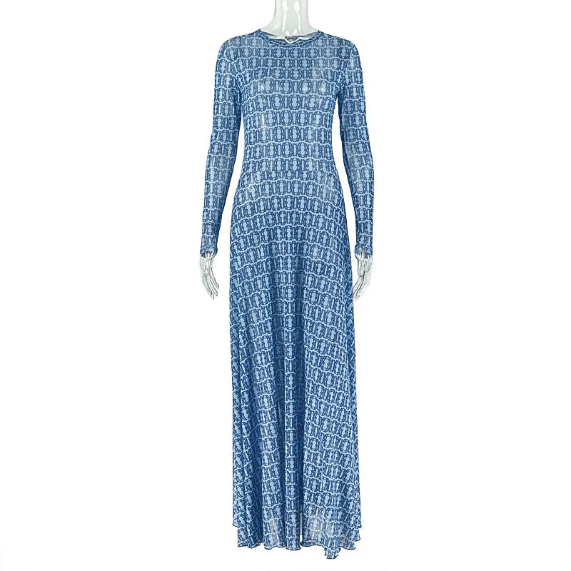 Sexy Letter Print See-Through Mesh Sheer Dress 2026 New Spring Summer Fashion Elegant Long Sleeve Club Party Long Dresses
