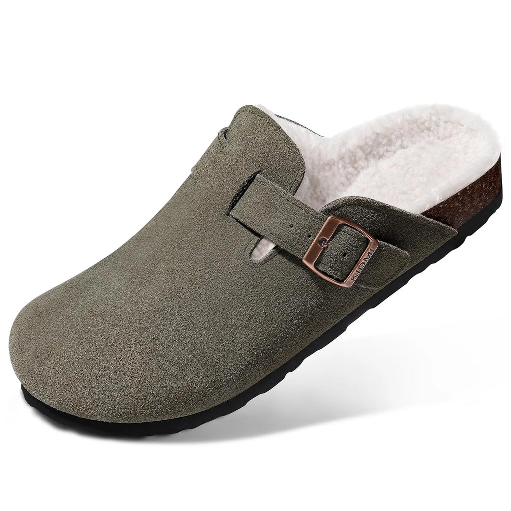 Comwarm Classic Winter Mules For Women Men New Winter Fur Suede Clogs Cork Footbed Cozy Fuzzy Slippers With Adjustable Buckle