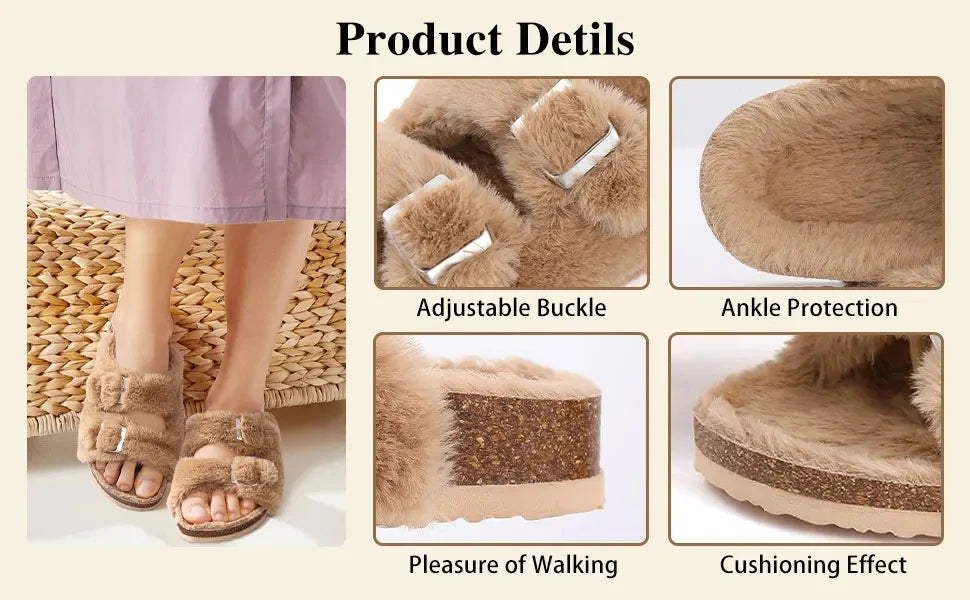 Shevalues Winter Fur Suede Slippers Women Classic Fur Lined Clogs House Fuzzy Cork Slides Indoor Outdoor Cozy Fur Cork Mules Men