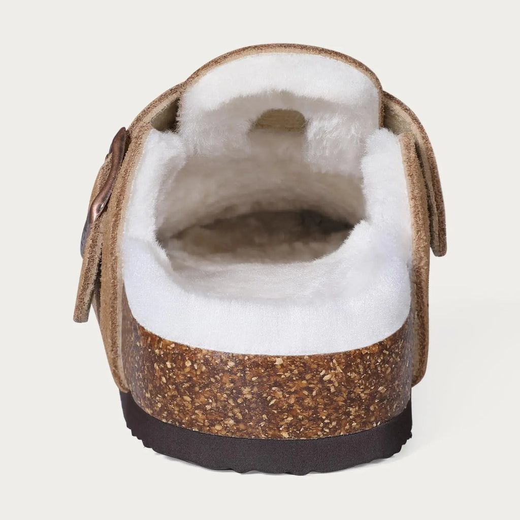 Comwarm Classic Winter Mules For Women Men New Winter Fur Suede Clogs Cork Footbed Cozy Fuzzy Slippers With Adjustable Buckle