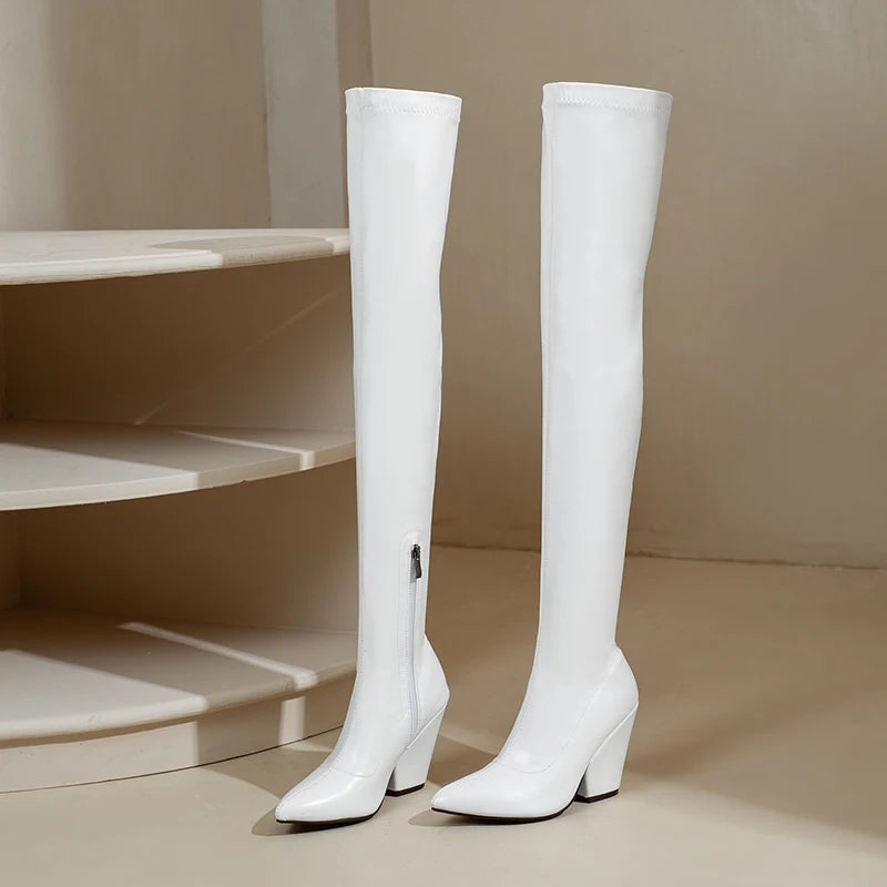 Sexy White Red Thigh High Boots Women Elastic Leather Black Wedges Over the Knee Boots For Women Fetish Party Long Slim Shoes