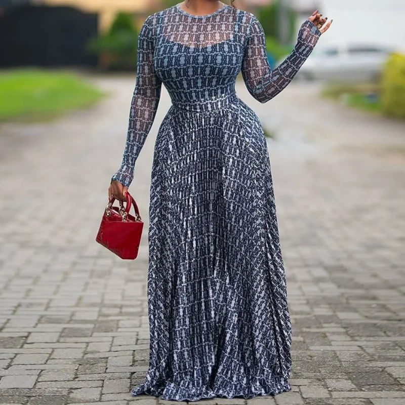 Sexy Letter Print See-Through Mesh Sheer Dress 2026 New Spring Summer Fashion Elegant Long Sleeve Club Party Long Dresses