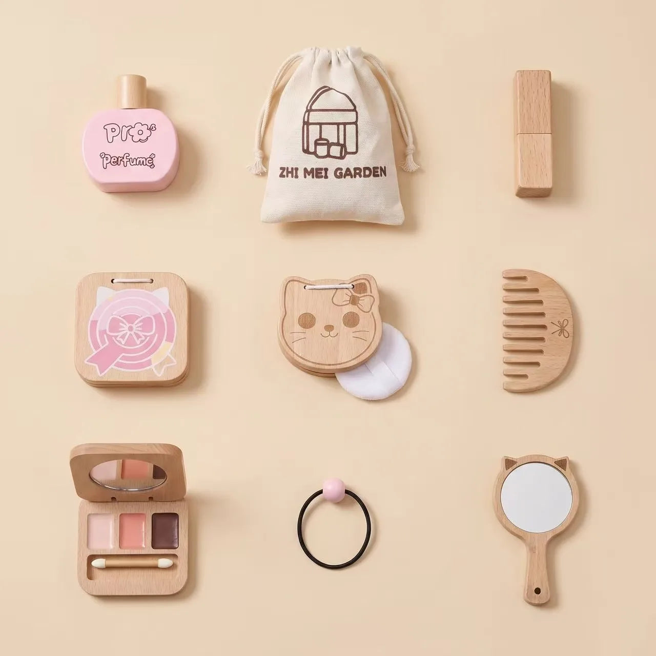 Kids' Pretend Makeup Toy Wooden Role‑play Dress‑up Vanity Gift Makeup Bag Set for Girls