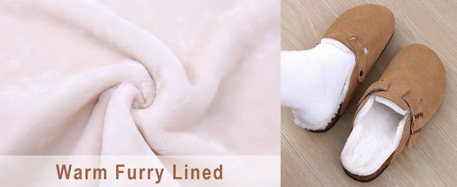 Comwarm Classic Winter Mules For Women Men New Winter Fur Suede Clogs Cork Footbed Cozy Fuzzy Slippers With Adjustable Buckle