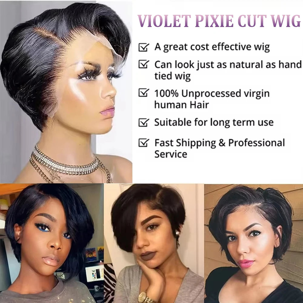 Pixie Cut Wigs For Black Women Human Hair 6 Inch Straight Bob Wigs T Part Lace 13x4 Side Part Transparent Short Lace Front Wigs