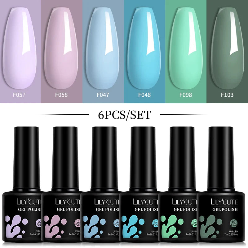 LILYCUTE 6Pcs 7ML Gel DIY Nails Polish Set Bright Pink Nail Charms Soak Off UV LED Gel Varnish Nail Art Design Accessories