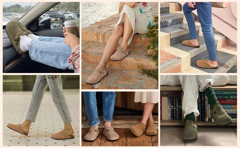 Asgard Women's Suede Clogs Leather Mules Cork Footbed Sandals Arch Support Aldult Four Seasons Adjustable Buckle Potato Shoes