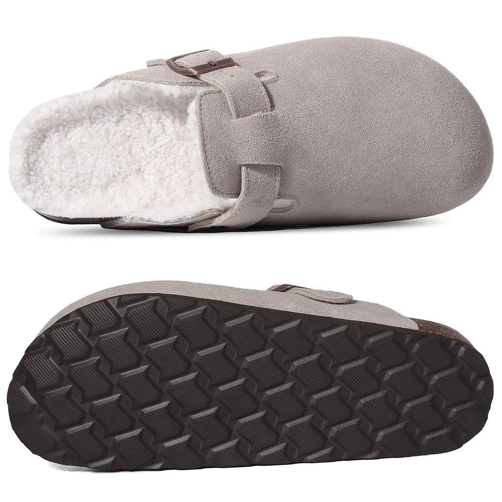 Comwarm Classic Winter Mules For Women Men New Winter Fur Suede Clogs Cork Footbed Cozy Fuzzy Slippers With Adjustable Buckle