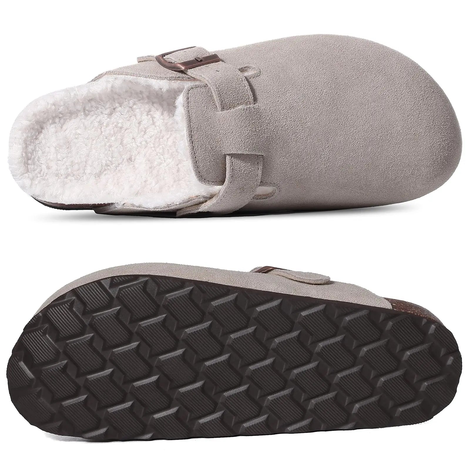 Comwarm Classic Winter Mules For Women Men New Winter Fur Suede Clogs Cork Footbed Cozy Fuzzy Slippers With Adjustable Buckle