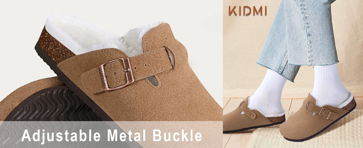 Comwarm Classic Winter Mules For Women Men New Winter Fur Suede Clogs Cork Footbed Cozy Fuzzy Slippers With Adjustable Buckle
