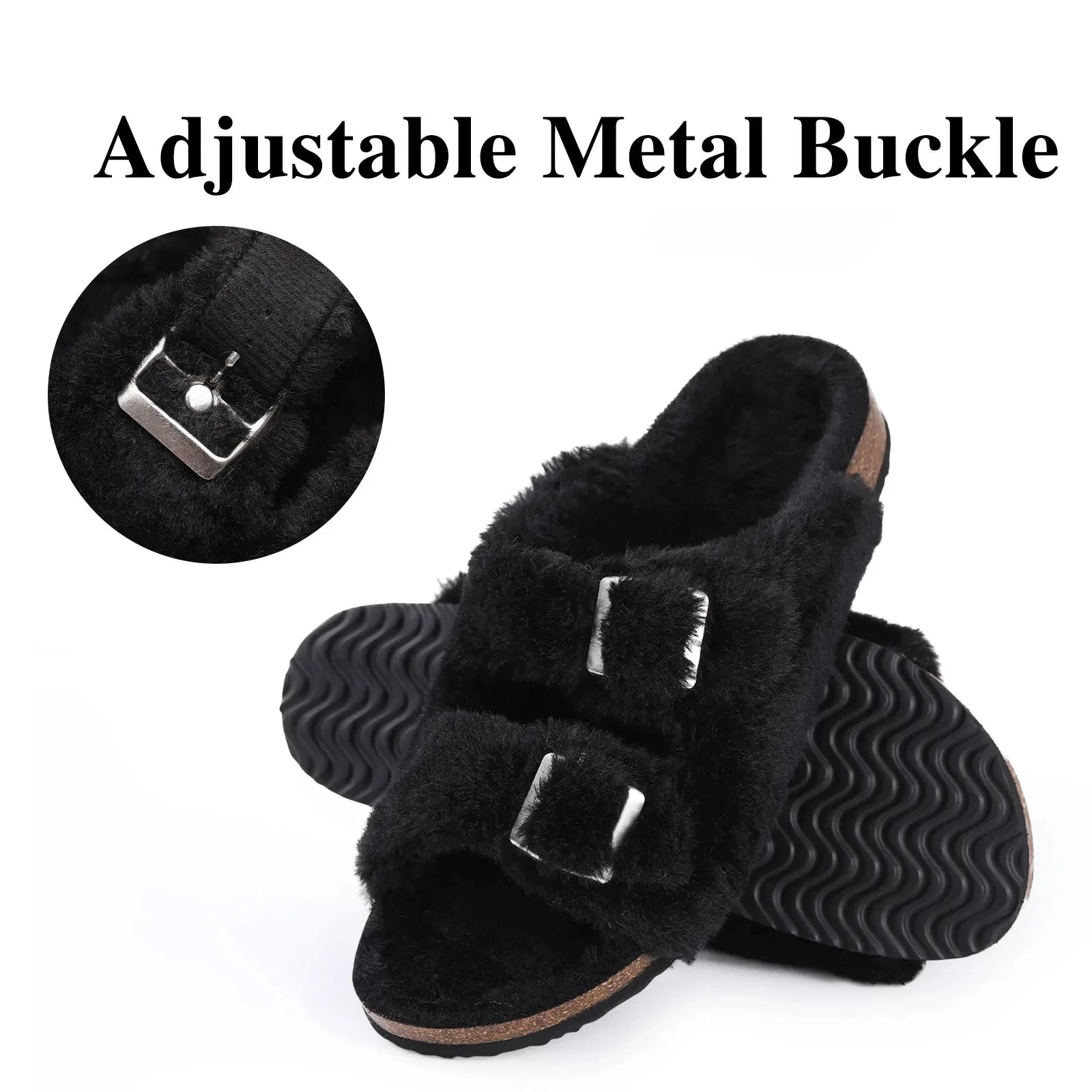 Shevalues Winter Fur Suede Slippers Women Classic Fur Lined Clogs House Fuzzy Cork Slides Indoor Outdoor Cozy Fur Cork Mules Men