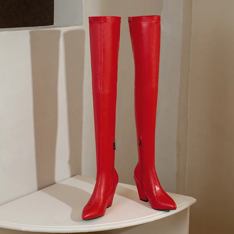Sexy White Red Thigh High Boots Women Elastic Leather Black Wedges Over the Knee Boots For Women Fetish Party Long Slim Shoes