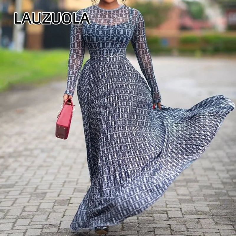 Sexy Letter Print See-Through Mesh Sheer Dress 2026 New Spring Summer Fashion Elegant Long Sleeve Club Party Long Dresses