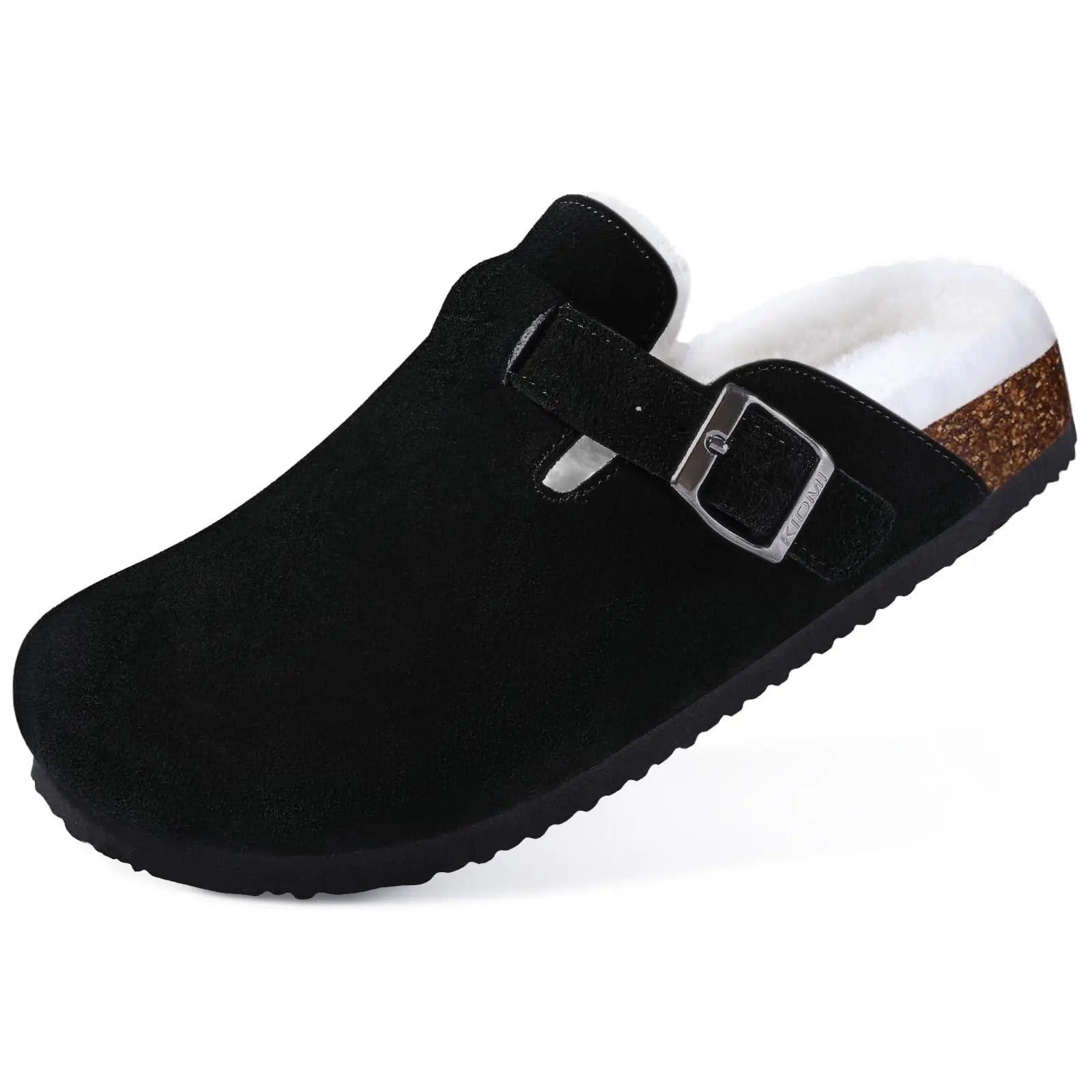 Comwarm Classic Winter Mules For Women Men New Winter Fur Suede Clogs Cork Footbed Cozy Fuzzy Slippers With Adjustable Buckle