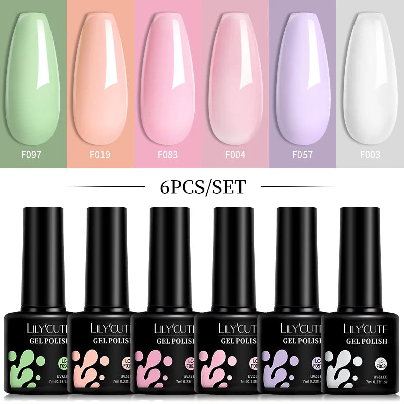 LILYCUTE 6Pcs 7ML Gel DIY Nails Polish Set Bright Pink Nail Charms Soak Off UV LED Gel Varnish Nail Art Design Accessories
