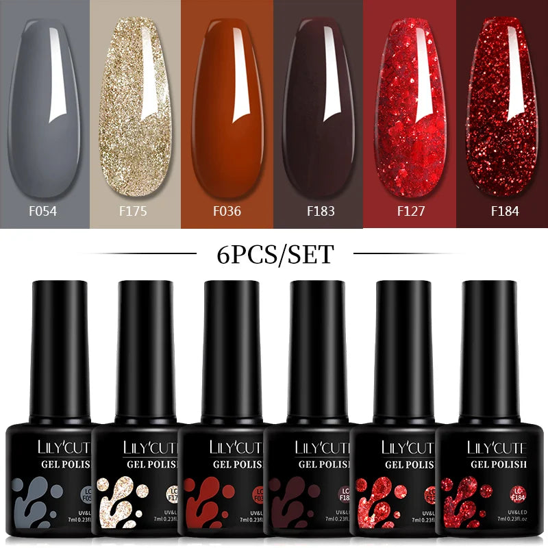 LILYCUTE 6Pcs 7ML Gel DIY Nails Polish Set Bright Pink Nail Charms Soak Off UV LED Gel Varnish Nail Art Design Accessories