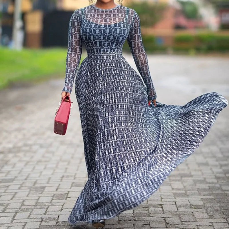 Sexy Letter Print See-Through Mesh Sheer Dress 2026 New Spring Summer Fashion Elegant Long Sleeve Club Party Long Dresses