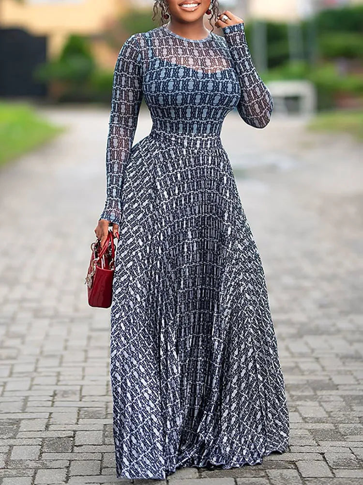 Summer Women Long Sleeve Casual Party Dress Spring Elegant Print Slim Fit A Line Dress Fashion Round Neck High Waist Long Dress