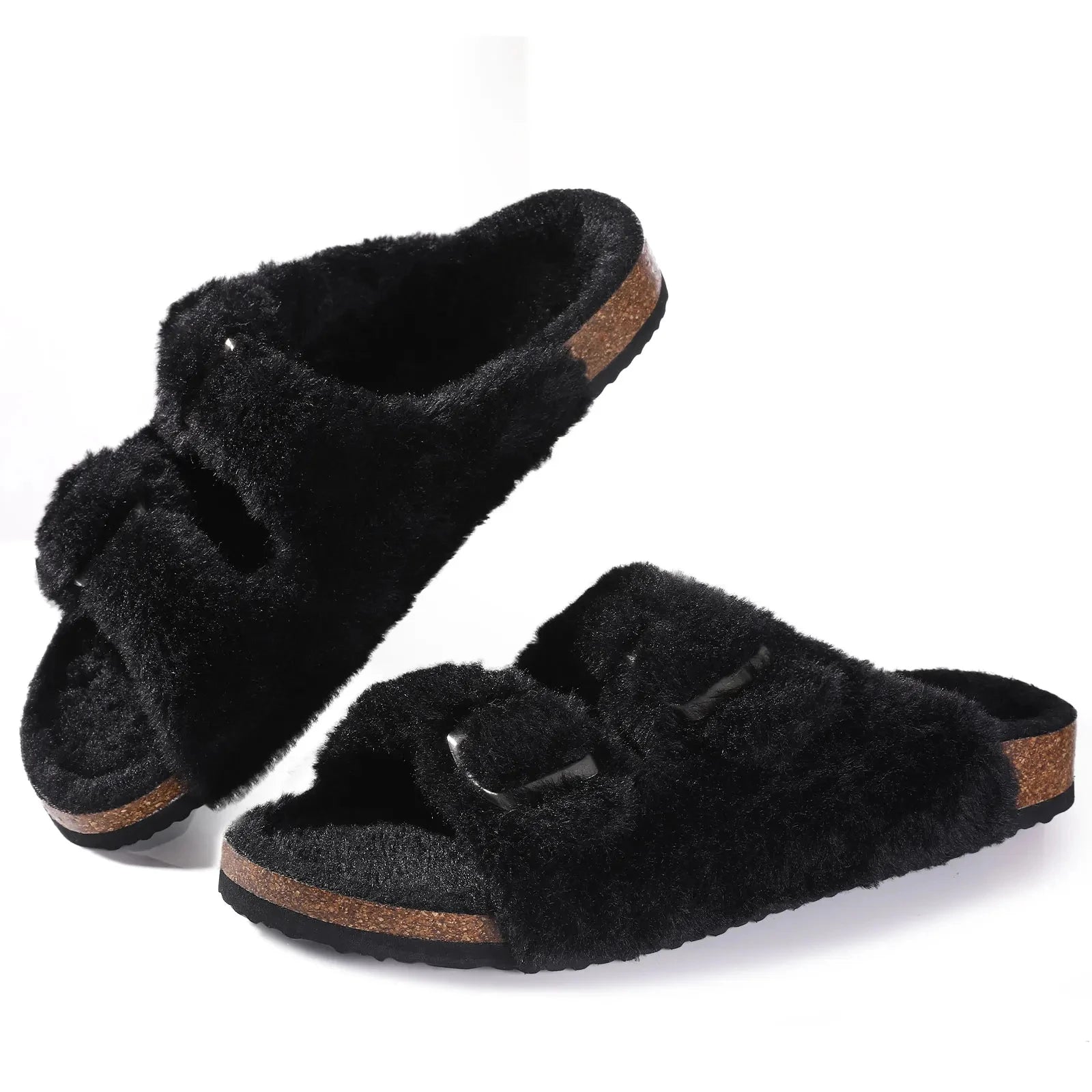 Crestar Women's Fur Lined Suede Clogs Lady Girls Fuzzy Cork Footbed Mules Genuine Leather Cow Suede Slip On Winter Potato Shoes