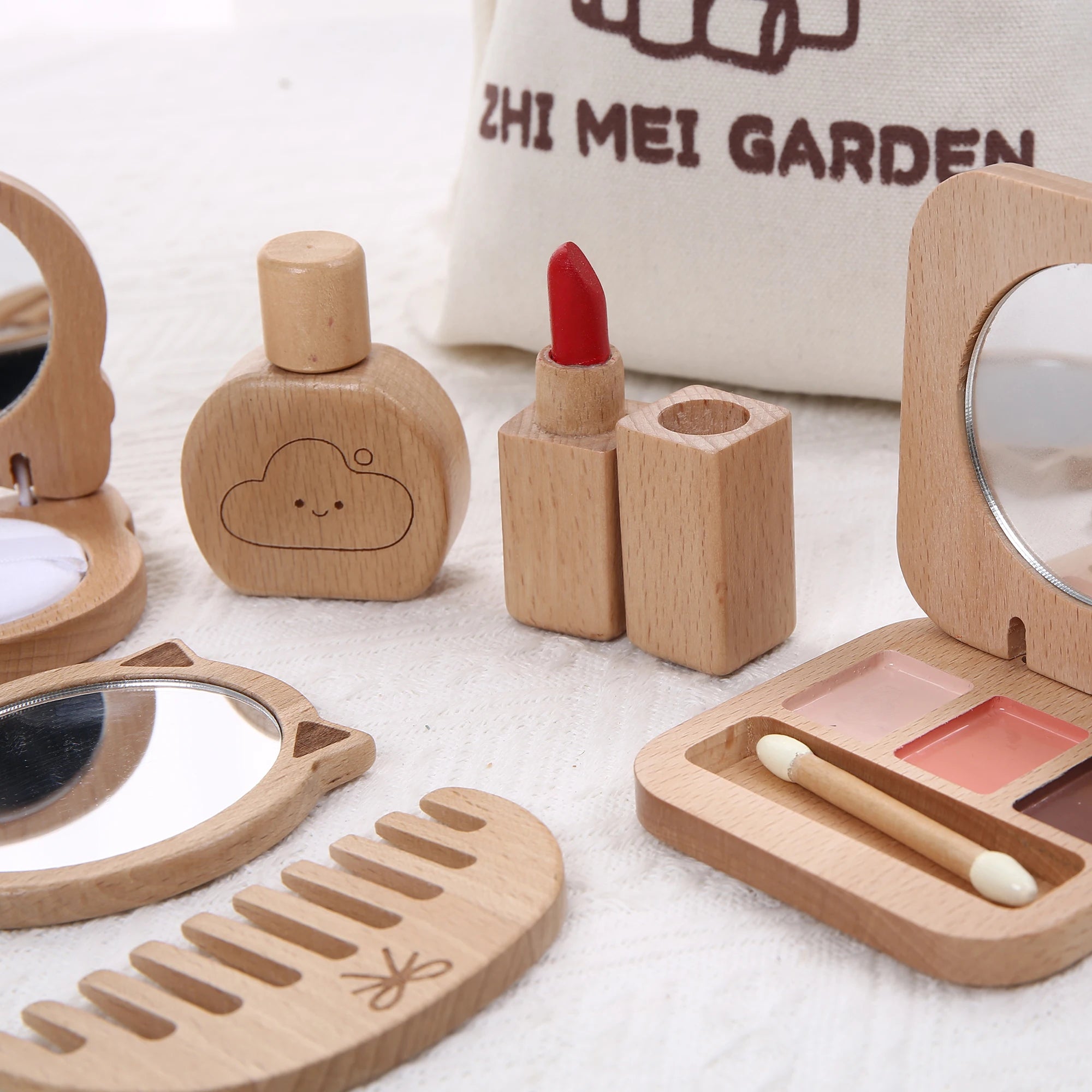 Kids' Pretend Makeup Toy Wooden Role‑play Dress‑up Vanity Gift Makeup Bag Set for Girls