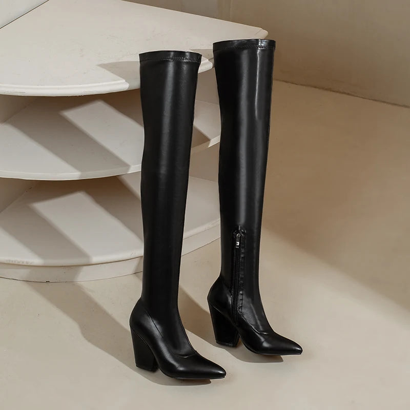 Sexy White Red Thigh High Boots Women Elastic Leather Black Wedges Over the Knee Boots For Women Fetish Party Long Slim Shoes