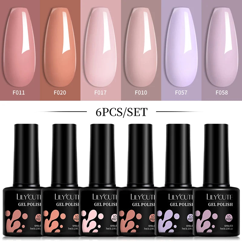 LILYCUTE 6Pcs 7ML Gel DIY Nails Polish Set Bright Pink Nail Charms Soak Off UV LED Gel Varnish Nail Art Design Accessories