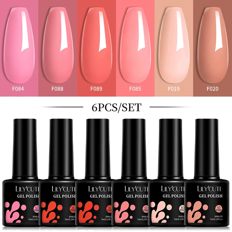 LILYCUTE 6Pcs 7ML Gel DIY Nails Polish Set Bright Pink Nail Charms Soak Off UV LED Gel Varnish Nail Art Design Accessories