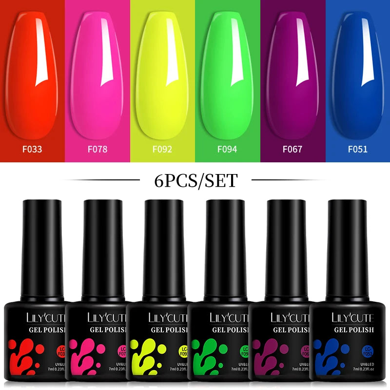 LILYCUTE 6Pcs 7ML Gel DIY Nails Polish Set Bright Pink Nail Charms Soak Off UV LED Gel Varnish Nail Art Design Accessories