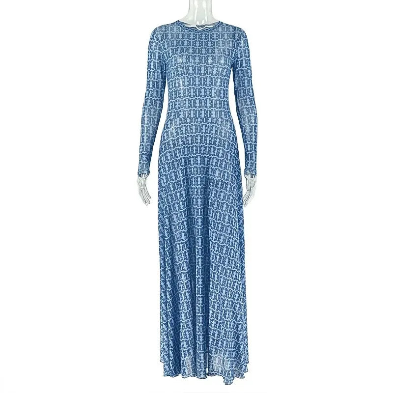 Women's O-Neck Long Sleeve Waistband Hips Wrapped A-Line Long Dress, Slight Perspective