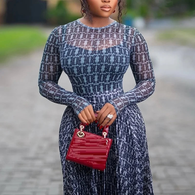 Sexy Letter Print See-Through Mesh Sheer Dress 2026 New Spring Summer Fashion Elegant Long Sleeve Club Party Long Dresses