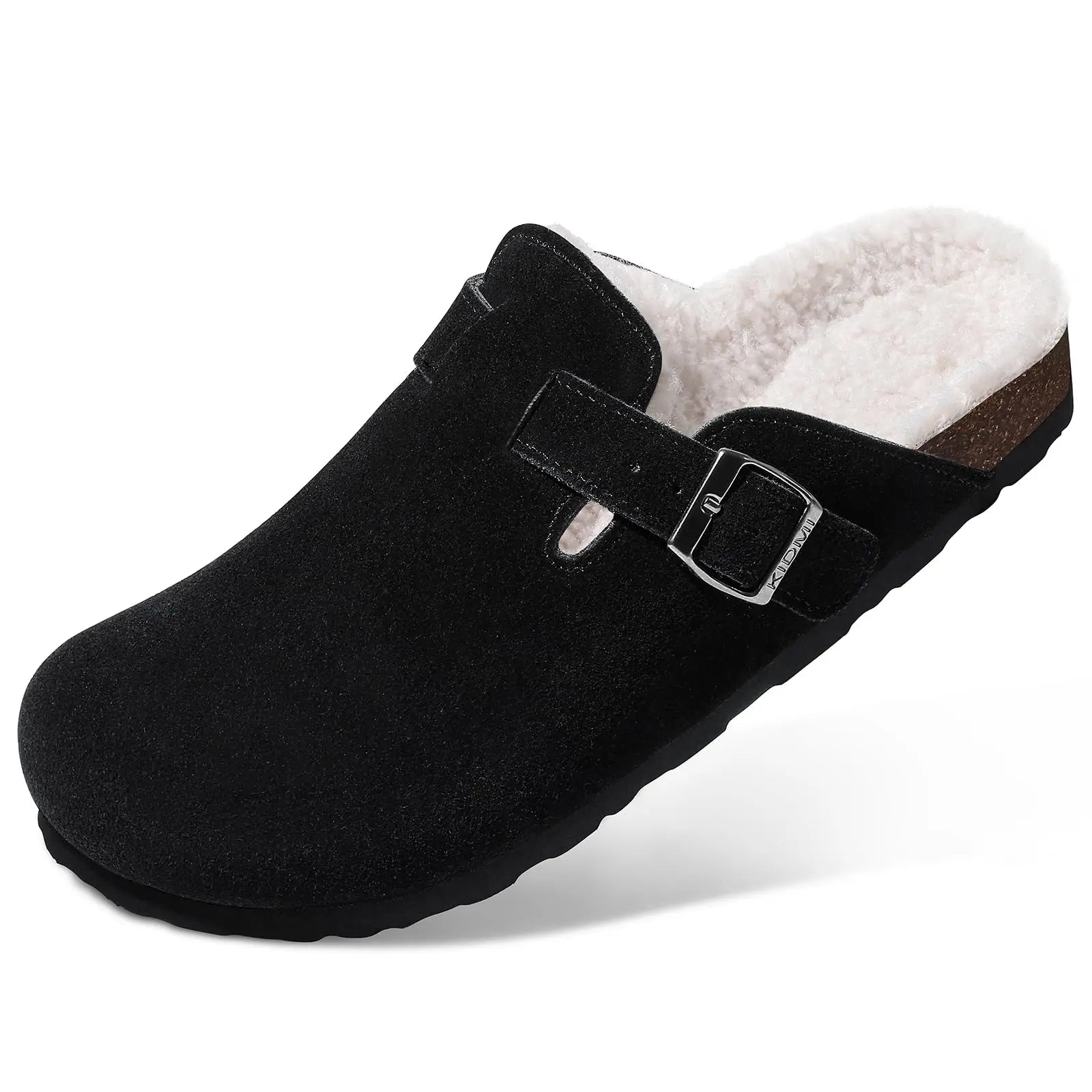 Comwarm Classic Winter Mules For Women Men New Winter Fur Suede Clogs Cork Footbed Cozy Fuzzy Slippers With Adjustable Buckle