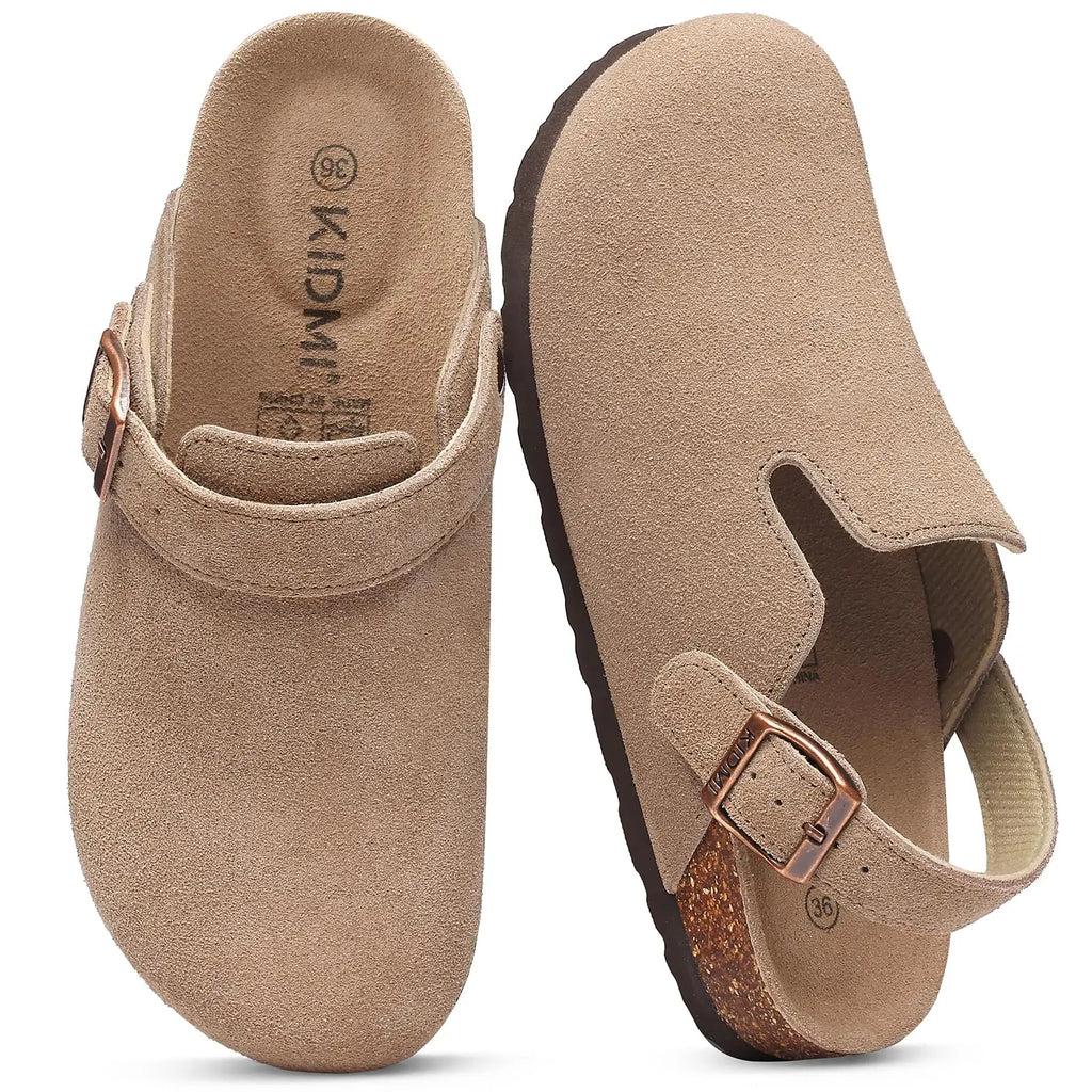 Crestar Women's Cow Suede Clogs Cork Footbed Leather Mules Slippers Unisex Comfortable Fashion Potato Shoes with Arch Support