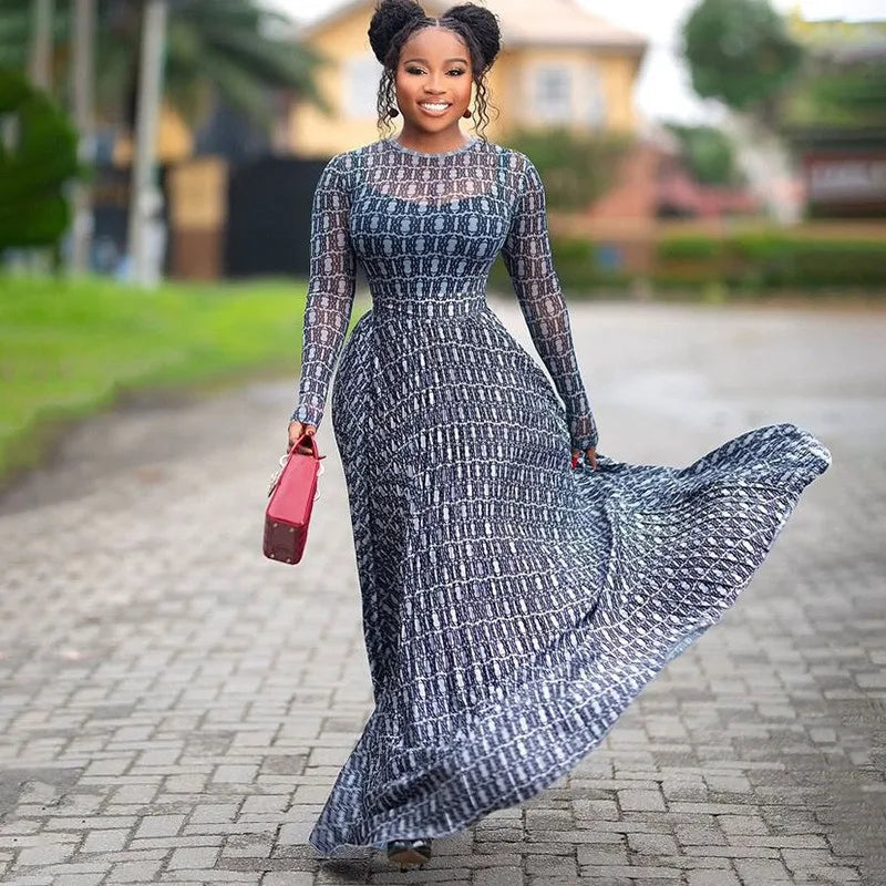 Women's O-Neck Long Sleeve Waistband Hips Wrapped A-Line Long Dress, Slight Perspective