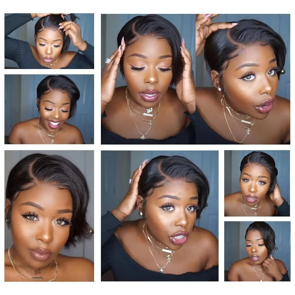 Pixie Cut Wigs For Black Women Human Hair 6 Inch Straight Bob Wigs T Part Lace 13x4 Side Part Transparent Short Lace Front Wigs