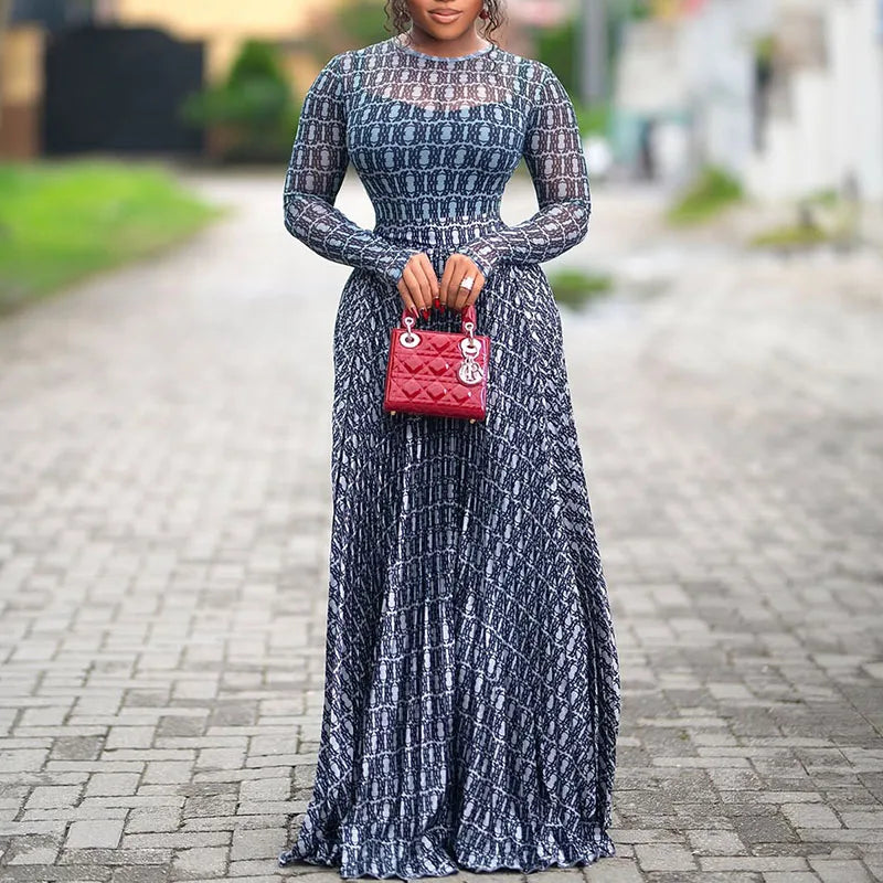 Summer Women Long Sleeve Casual Party Dress Spring Elegant Print Slim Fit A Line Dress Fashion Round Neck High Waist Long Dress