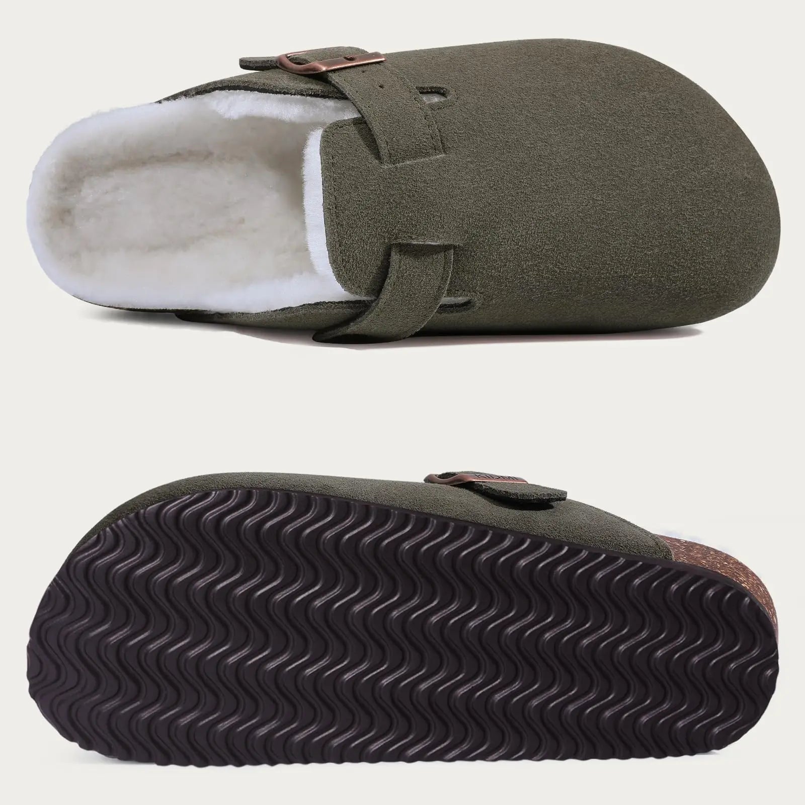 Shevalues Winter Fur Suede Slippers Women Classic Fur Lined Clogs House Fuzzy Cork Slides Indoor Outdoor Cozy Fur Cork Mules Men