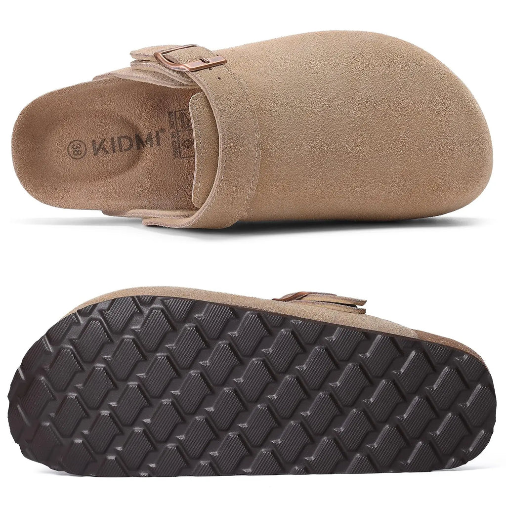 Crestar Women's Cow Suede Clogs Cork Footbed Leather Mules Slippers Unisex Comfortable Fashion Potato Shoes with Arch Support