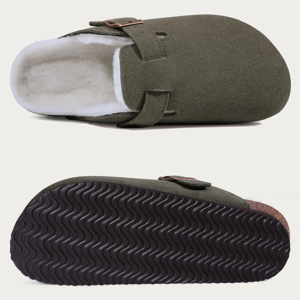 Comwarm Classic Winter Mules For Women Men New Winter Fur Suede Clogs Cork Footbed Cozy Fuzzy Slippers With Adjustable Buckle