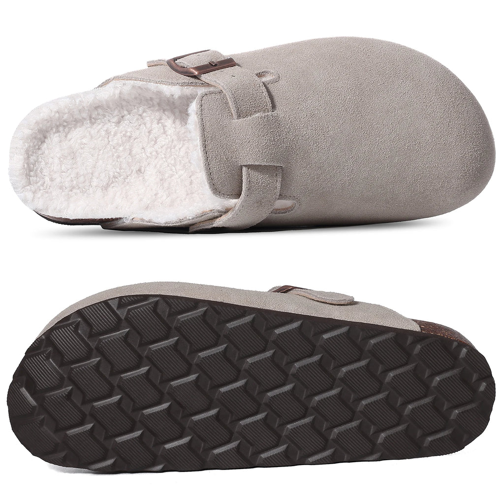 Kidmi Winter Suede Men Clogs Slippers Fashion Fuzzy Cork Clogs Shoes Casual Antiskid Fur Slippers With Arch Support Men Mules