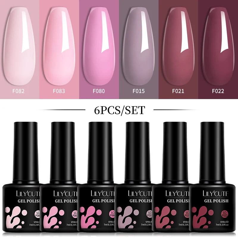 LILYCUTE 6Pcs 7ML Gel DIY Nails Polish Set Bright Pink Nail Charms Soak Off UV LED Gel Varnish Nail Art Design Accessories