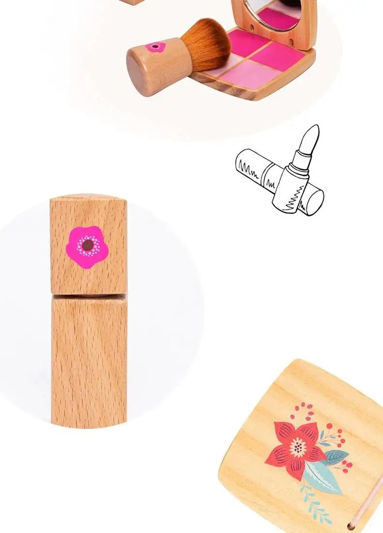 Kids' Pretend Makeup Toy Wooden Role‑play Dress‑up Vanity Gift Makeup Bag Set for Girls