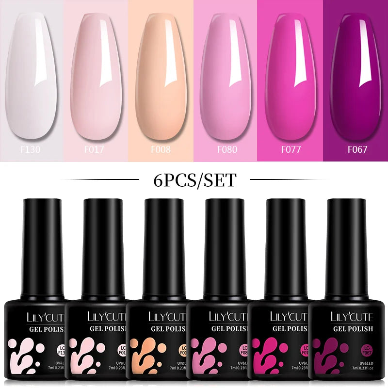 LILYCUTE 6Pcs 7ML Gel DIY Nails Polish Set Bright Pink Nail Charms Soak Off UV LED Gel Varnish Nail Art Design Accessories