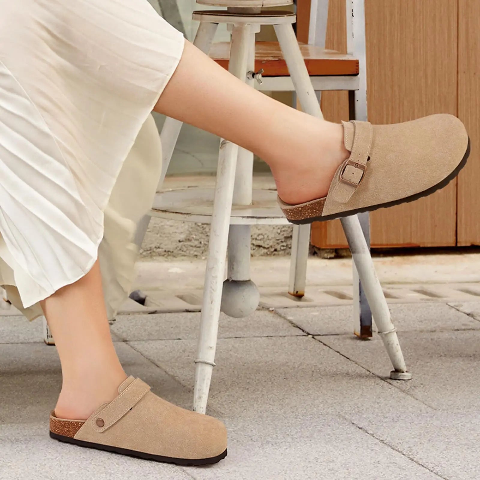 Crestar Women's Cow Suede Clogs Cork Footbed Leather Mules Slippers Unisex Comfortable Fashion Potato Shoes with Arch Support
